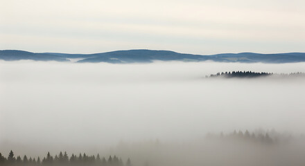 Fototapeta premium A vast, dense fog bank completely engulfing a natural landscape (e.g., a forest, rolling hills), reducing visibility to only the nearest objects. The muted colors and ethereal atmosphere create a sens
