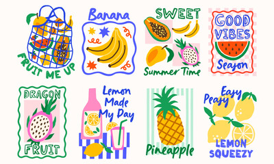 Summer fruits vector print designs with quotes. Bright tropical exotic illustrations in wavy frames