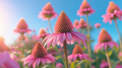 Obraz premium Pink coneflowers in full bloom with a bright blue sky background. Summer flowers and vibrant garden scene. Colorful and lively floral landscape.