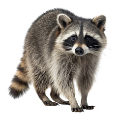 A detailed portrait of a raccoon standing on a transparent background isolated on transparent...