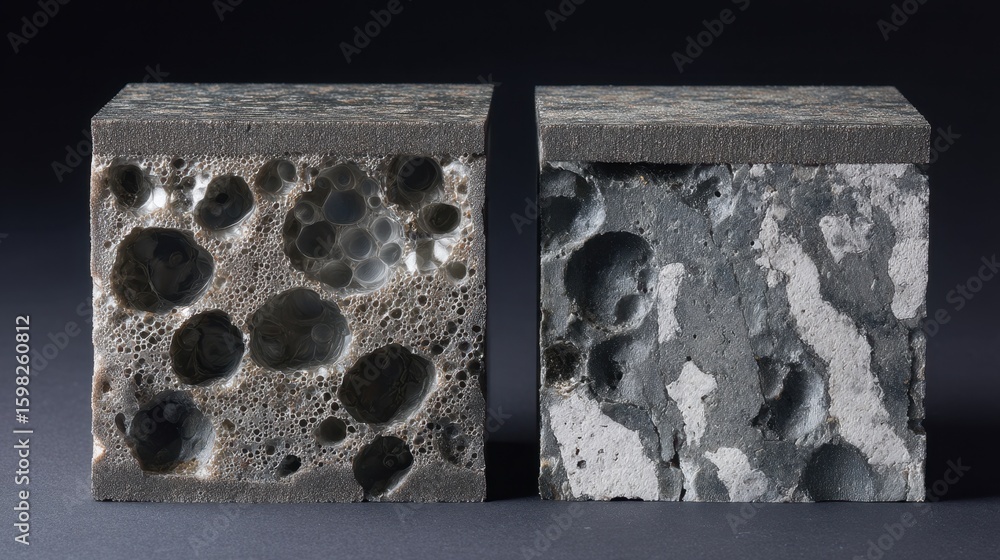Poster identical cubic samples of aluminum foam core showcase their porous structure before and after under