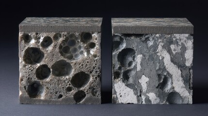 Identical cubic samples of aluminum foam core showcase their porous structure before and after undergoing shock peening treatment, highlighting the textural changes resulting from this process