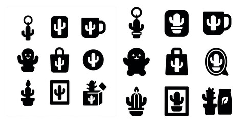 Cactus solid icons set – silhouette, plant, desert-themed symbols