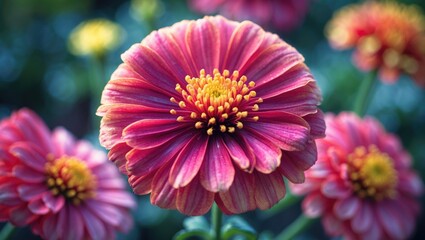 Obraz premium Close-up of pink and yellow chrysanthemum flower in full bloom with blurred background of similar flowers