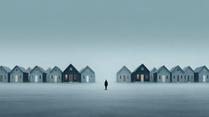Identical gray houses line a deserted street with a solitary figure walking alone