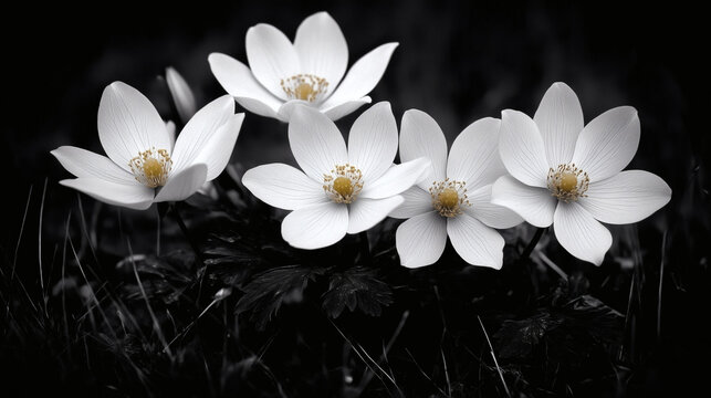 white flowers on black background