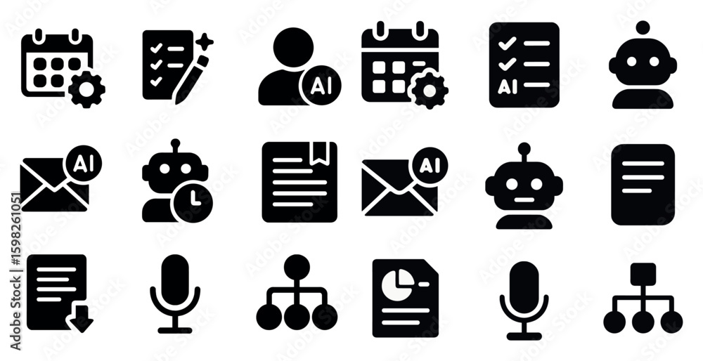 Poster artificial intelligence solid icons set – filled, flat, machine learning visuals