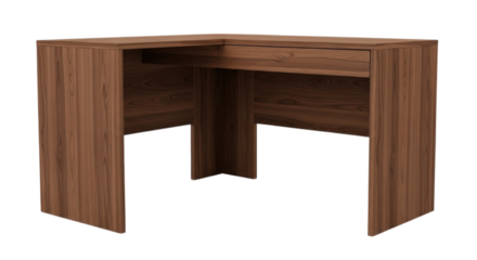Wooden corner desk design for home office with modern style transparent background, cutout PNG