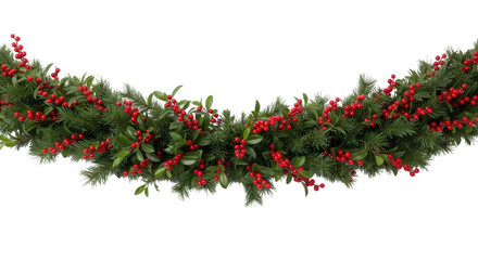 Festive green garland with red berries for holiday decor transparent background, cutout PNG