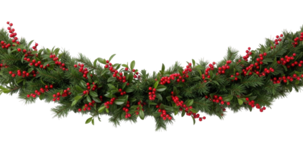 Festive green garland with red berries for holiday decor transparent background, cutout PNG