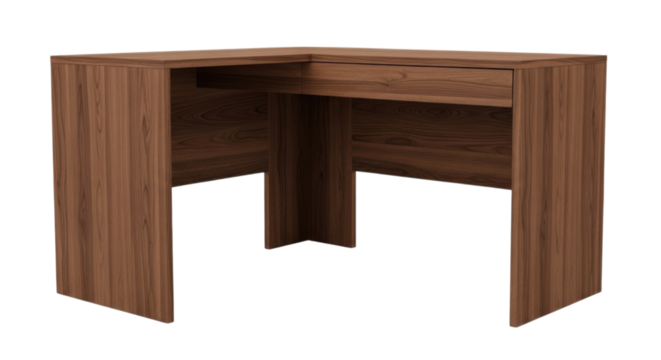 Wooden corner desk design for home office with modern style transparent background, cutout PNG