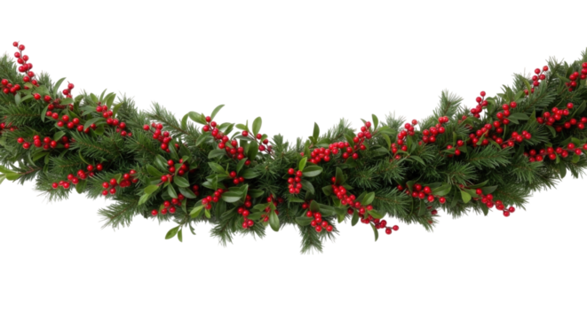 Festive green garland with red berries for holiday decor transparent background, cutout PNG