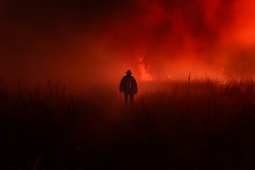 A wildfire raging in the background, with a single firefighter standing firm against the advancing flames, their gear covered in soot. 