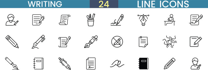 Writing and Editing Line Icons Set – Editable Stroke Vector Icons of Pens, Pencils, Documents and Notebooks for Education and Content Creation