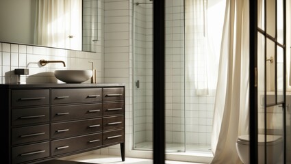 Modern bathroom with a dark wooden cabinet, a vessel sink, and a glass shower enclosure with white tiled walls and natural light through curtains