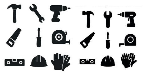 Obraz premium Construction tools silhouette icons set – flat, solid, diy and building equipment