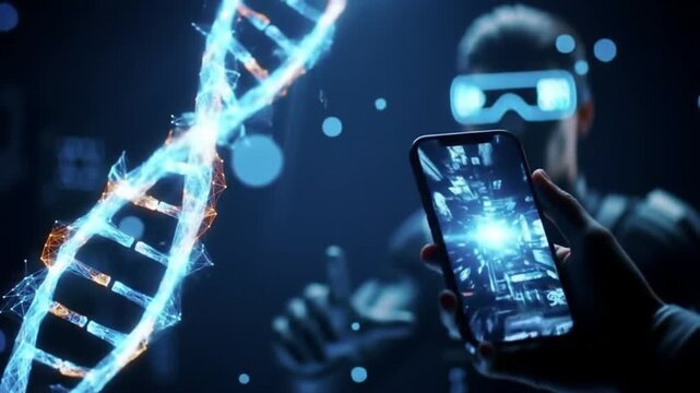 Futuristic DNA Analysis in Virtual Reality with Mobile Phone, Science Concept 160 chars