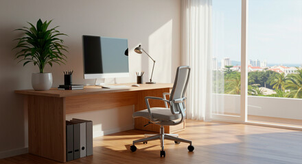 Bright home office with a modern setup for remote work and productivity.