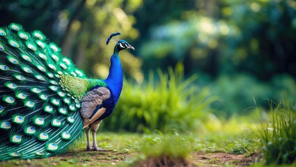 Colorful peacock in a natural setting with greenery and blurred background.