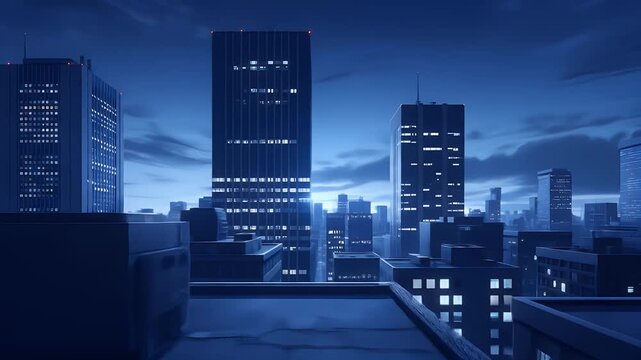 Twilight anime rooftop city background with soft blue hour glow for peaceful animation use