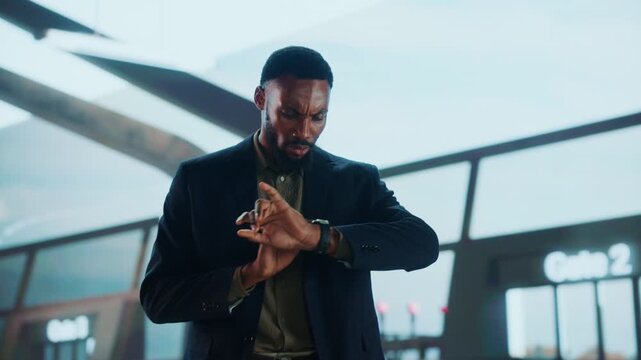 A focused businessman in a suit checks his watch, likely at an airport or similar travel hub, conveying urgency and time management.
