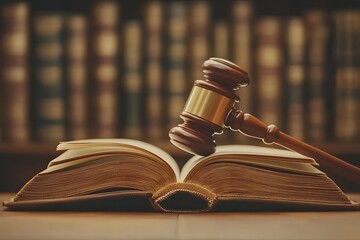 A sharply focused image of an open law book, with the gavel blurred in the background. The lower half is empty and can be used for a slogan on justice, law, or fairness. 