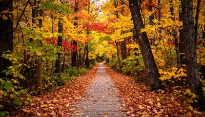 Obraz premium Autumnal path through a vibrant forest (1)