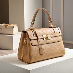 Luxury Beige Leather Handbag with Gold Hardware on White Pedestal

