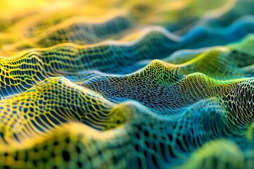 A series of digital waves gently oscillating in and out of focus with space to the left for a creative caption or text 