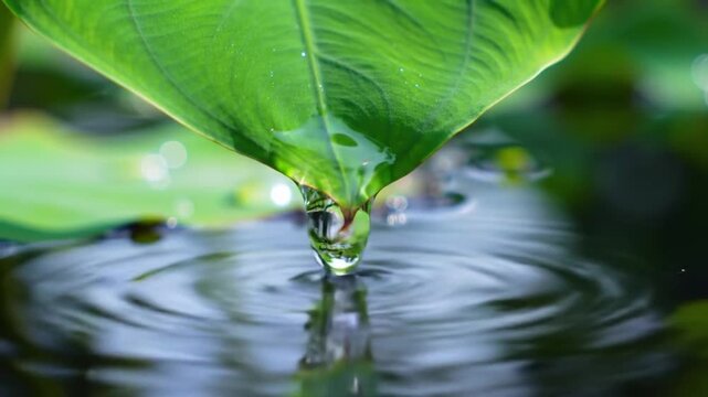 Captivating close-up of water droplets falling from a vibrant green leaf creating ripples in the - Powered by Adobe