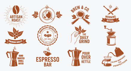 Set of coffee shop vector logos. Vintage retro style graphics with beans, cups, and brewing elements. Branding templates for cafe, roastery, premium quality, and coffee culture design.