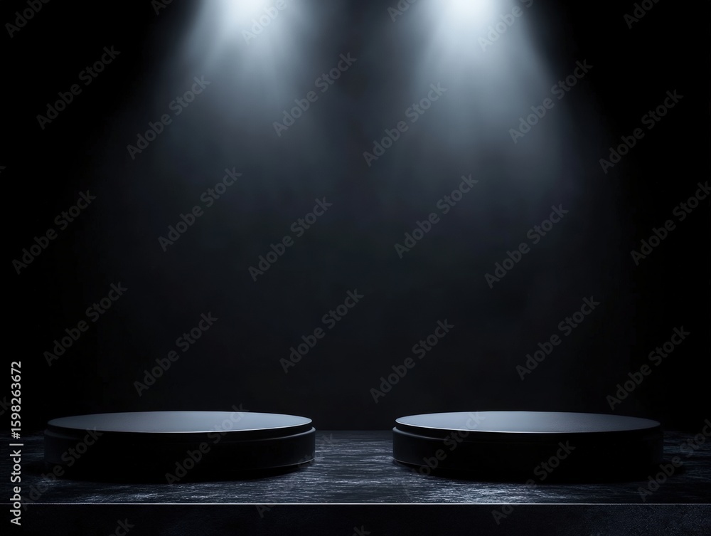 Poster two empty round black podiums illuminated by overhead spotlights on a dark textured surface and back
