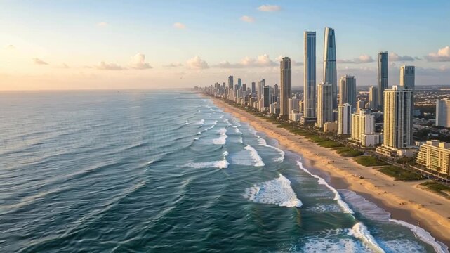 The golden light of sunrise illuminates the gold coast skyline, casting a warm glow over the sandy beach and rolling waves