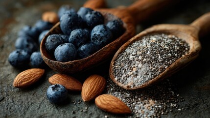A close-up of fresh blueberries, almonds, and chia seeds in wooden spoons, showcasing healthy eating and vibrant colors.
