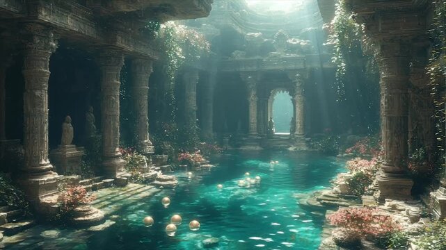 Sunlit, overgrown ancient temple pool with stone columns and statues