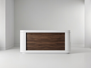Modern reception desk with a white countertop and a wooden panel. Empty business counter in a bright office or lobby.