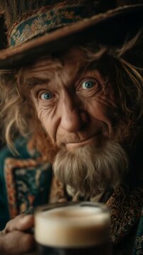 Smiling old man with beard wearing hat holds beer stout in pub close up on Saint Patrick&rsquo;s Day footage.