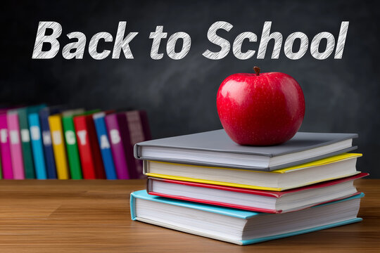 Back to School Concept with Red Apple on Stack of Colorful Books Against Chalkboard