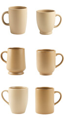 Six Empty Ceramic Coffee Mugs on Transparent Background