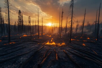 A patch of scorched earth amid a wildfire, where only charred tree trunks remain standing, casting long shadows under the setting sun.