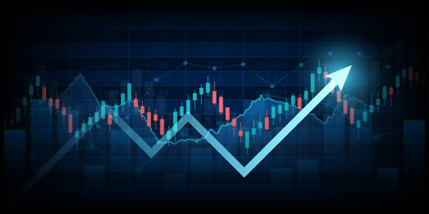 technology financial graph with uptrend line arrow and bar chart of stock market on blue color background