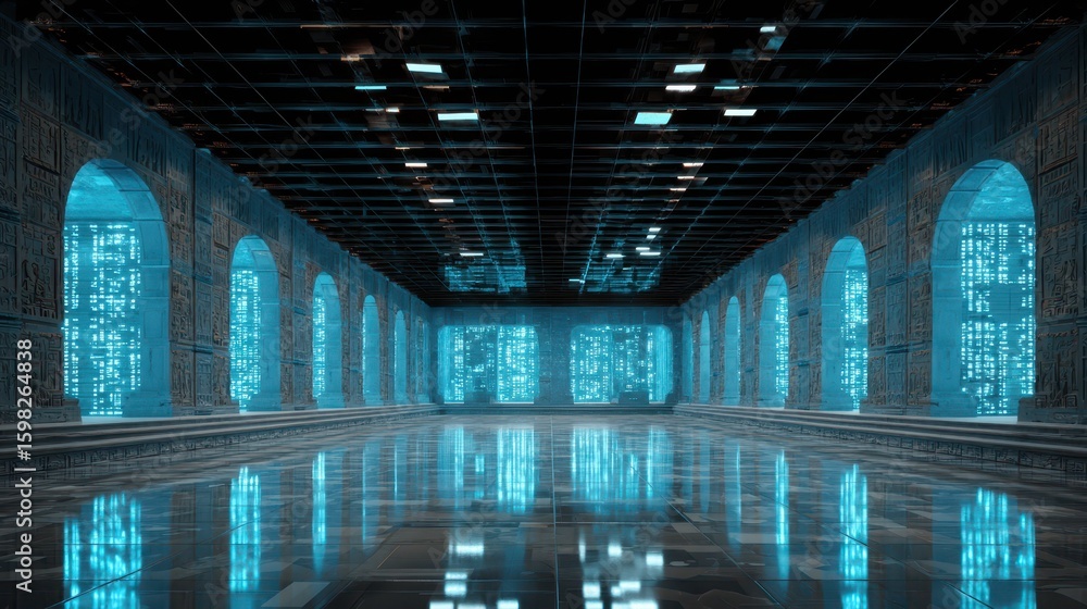 Poster futuristic archive room featuring missing files and digital elements