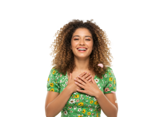 Portrait of Grateful Young Woman with Curly Hair in Green Floral Dress Isolated on Transparent Background
