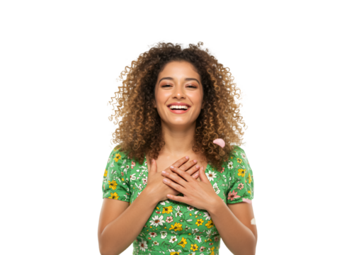 Portrait of Grateful Young Woman with Curly Hair in Green Floral Dress Isolated on Transparent Background