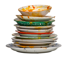 Stack of dirty plates with food stains white background