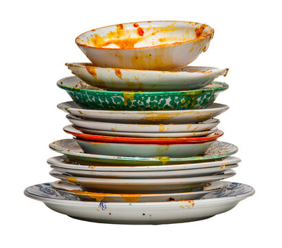 Stack of dirty plates with food stains white background