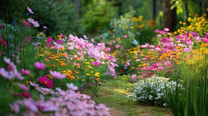 Obraz premium Colorful Wildflower Garden Pathway in Full Bloom During Spring