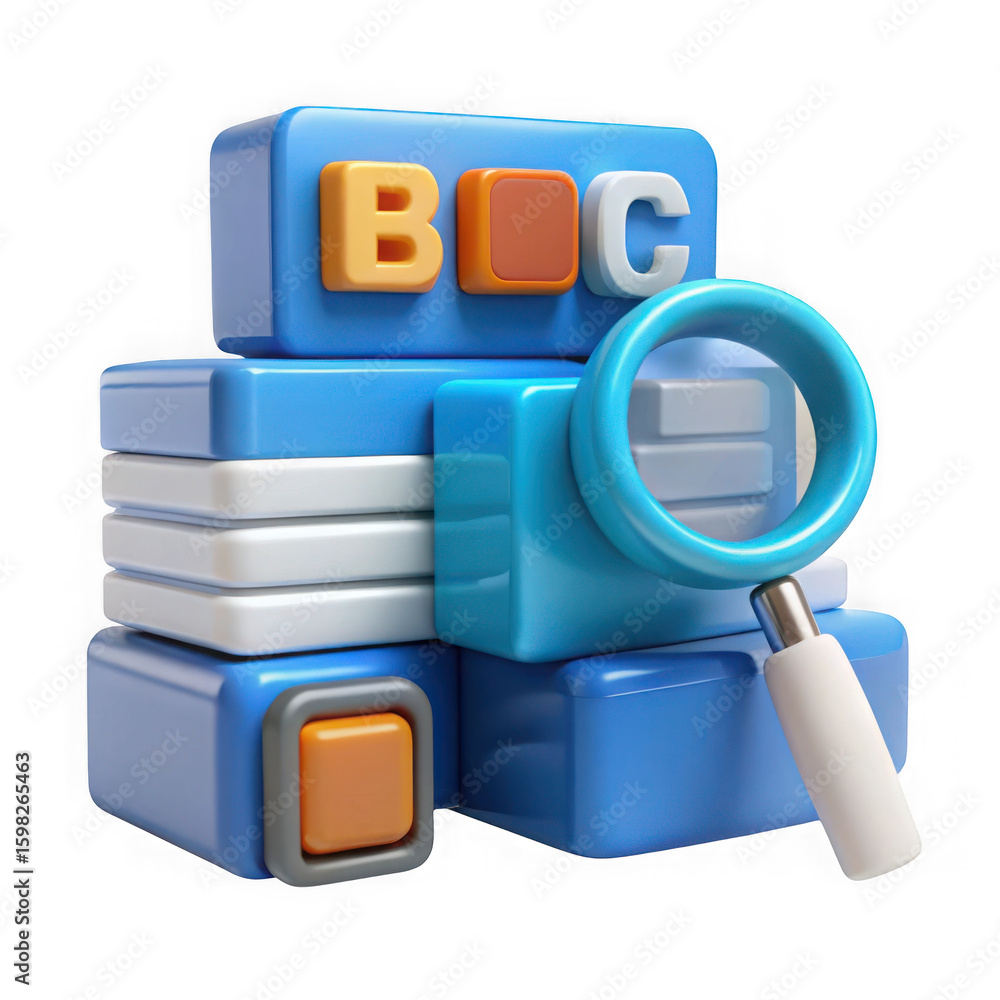 Poster 3d blocks with magnifying glass isolated on transparent background