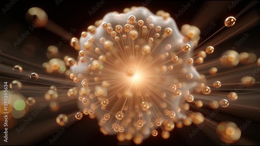 Poster exploring the intricate details of atom structures with glowing particles and dynamic movement