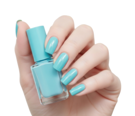 Hand holding light blue nail polish bottle, displaying well-manicured nails with a vibrant color, transparent background, cutout PNG